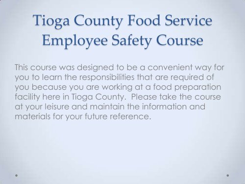Tioga County Food Service Employee Safety Course