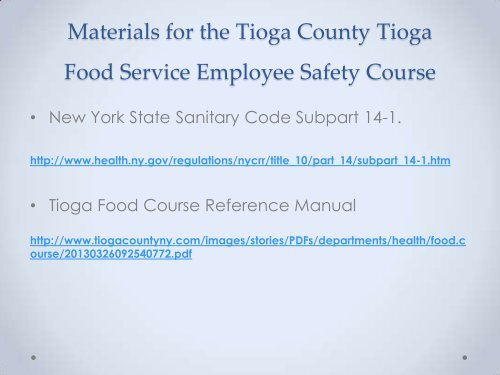 Tioga County Food Service Employee Safety Course