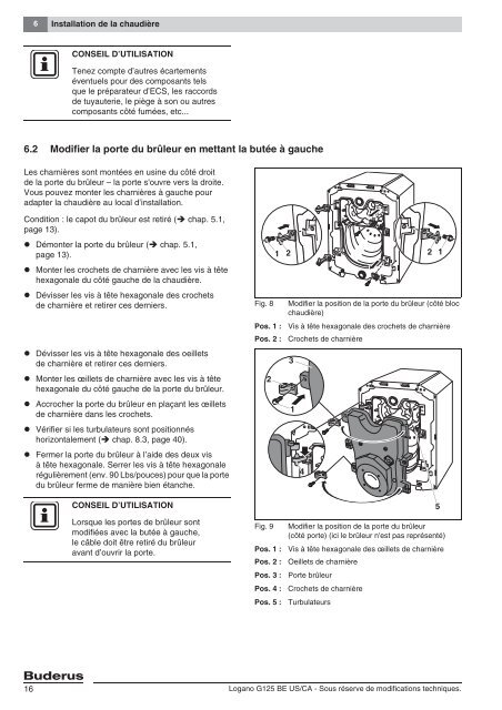 Notice de montage et d'entretien Logano G125 BE US/CA - Buderus