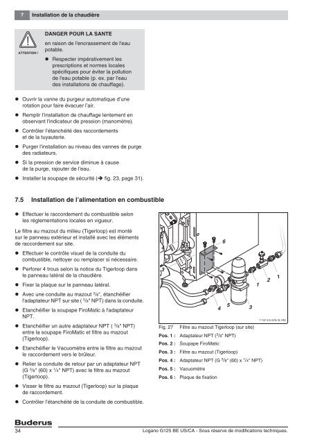 Notice de montage et d'entretien Logano G125 BE US/CA - Buderus