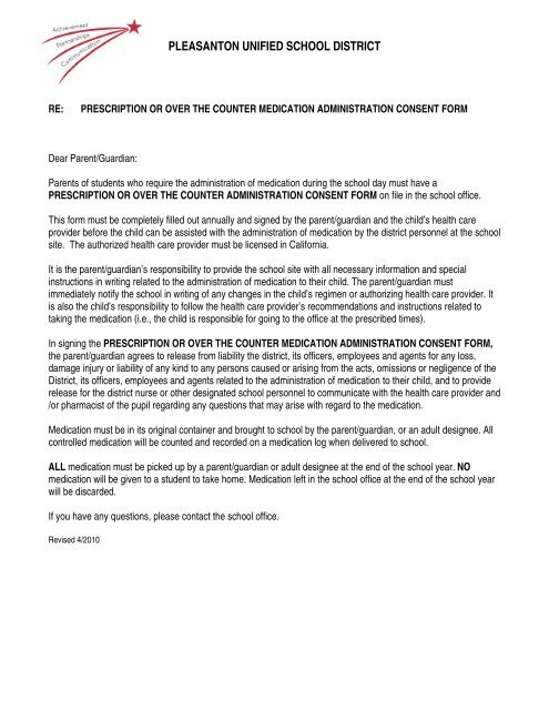 Medication Consent Form - Pleasanton Unified School District