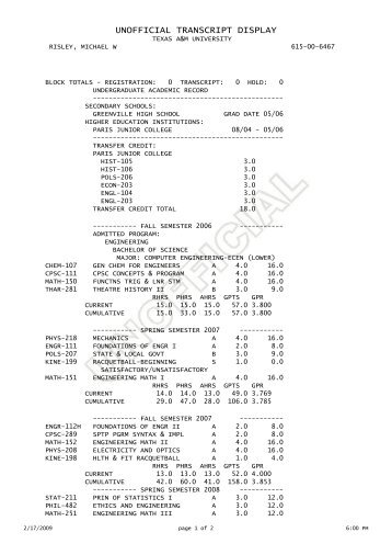 unofficial transcript display - Tamu.edu - Texas A&M University