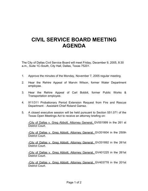 CIVIL SERVICE BOARD MEETING AGENDA - City of Dallas