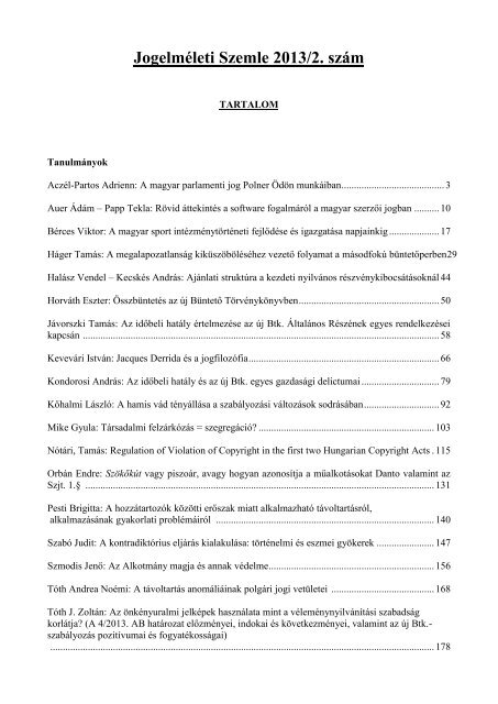 2013/2. teljes szÃ¡m egyben, pdf formÃ¡tumban - JogelmÃ©leti Szemle