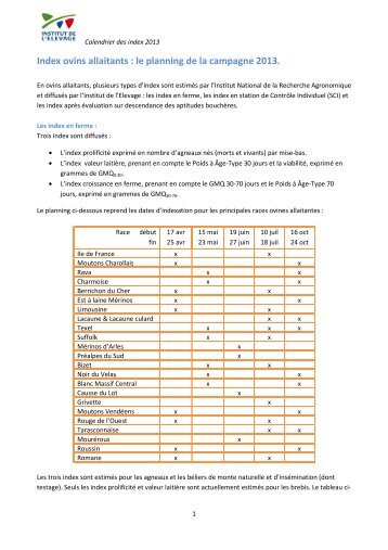 calendrier index ovins allaitants 2013 - Institut de l'Elevage