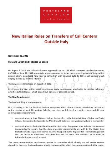 New Italian Rules on Transfers of Call Centers Outside Italy