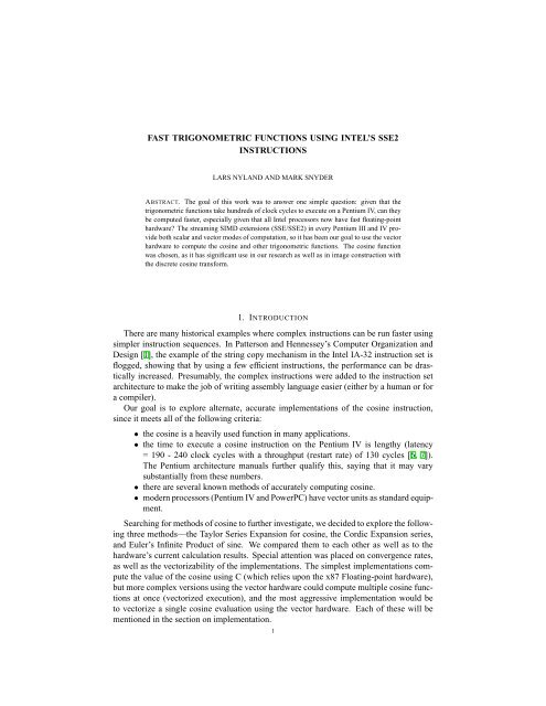 FAST TRIGONOMETRIC FUNCTIONS USING INTEL'S SSE2 ...