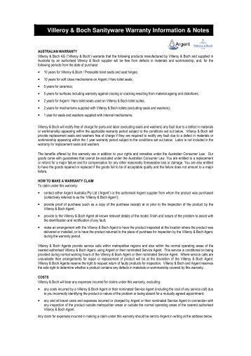 Villeroy & Boch Sanityware Warranty Information ... - Argent Australia