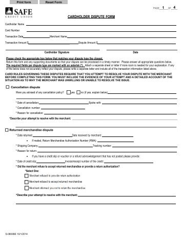 S-800BE Cardholder Dispute Form (Billing Error) - SAFE Credit Union