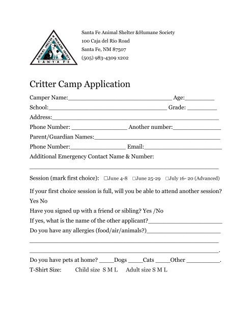 Critter Camp Application - the Santa Fe Animal Shelter and Humane ...