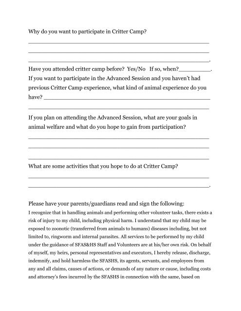 Critter Camp Application - the Santa Fe Animal Shelter and Humane ...