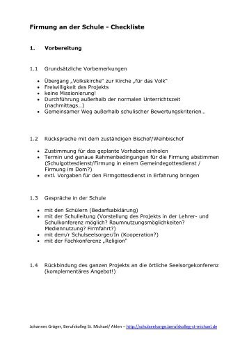 Firmung an der Schule - Checkliste - Schulseelsorge