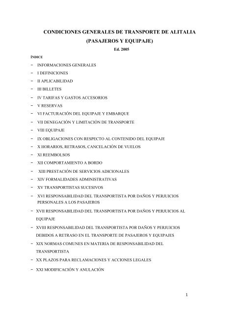 CONDICIONES GENERALES DE TRANSPORTE DE ALITALIA 