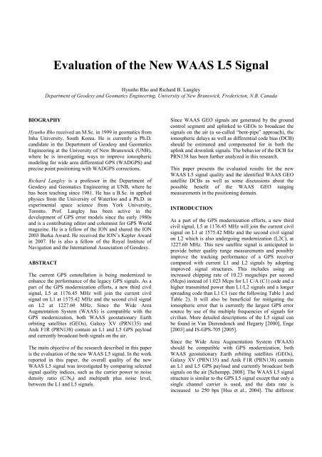 Evaluation of the New WAAS L5 Signal - University of New Brunswick