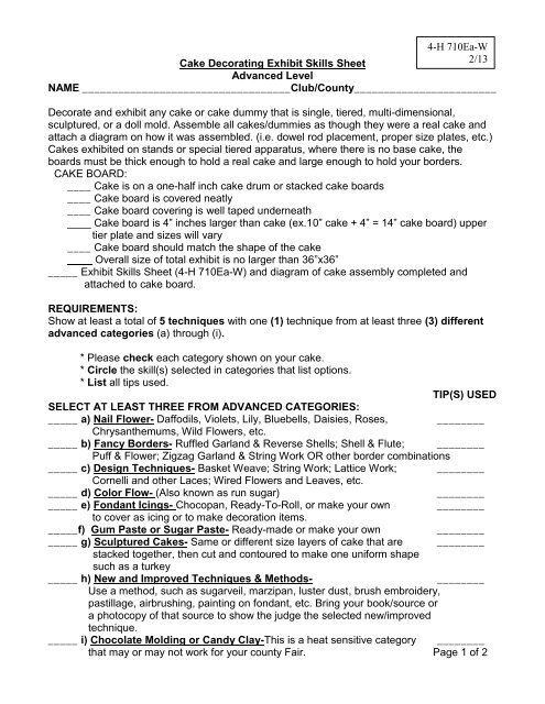 Cake Decorating Exhibit Skills Sheet Advanced Level