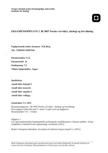 EKSAMENSOPPGAVE I Bi 3003 Norske ... - Institutt for biologi