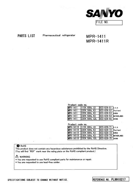 Part List MPR-1411(R) - Panasonic Biomedical