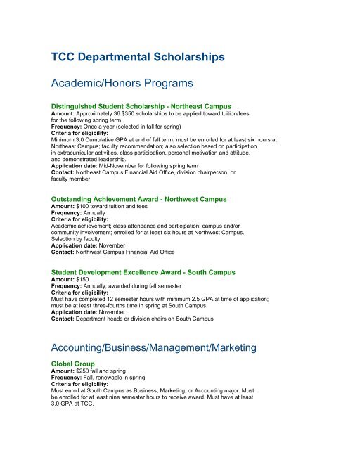 TCC Departmental Scholarships Academic/Honors Programs