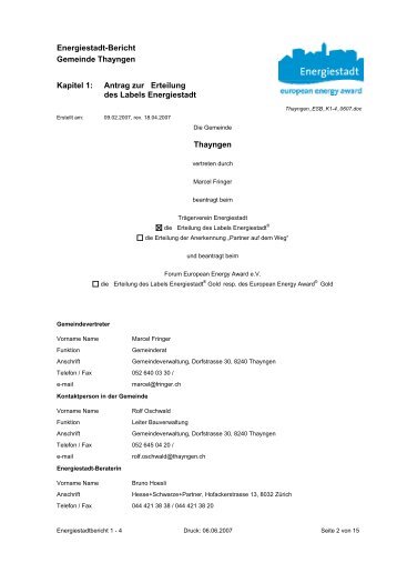 Energiestadt-Bericht Gemeinde Thayngen Kapitel 1: Antrag zur ...