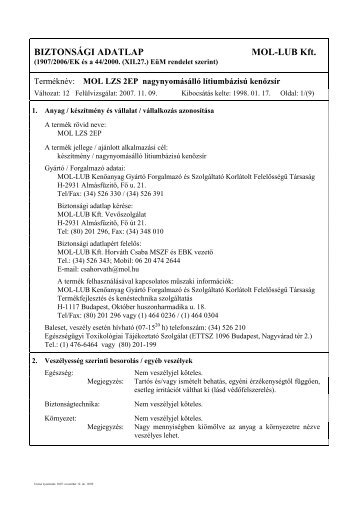 MOL LZS 2 EP magyar REACH - Novochem Kft.