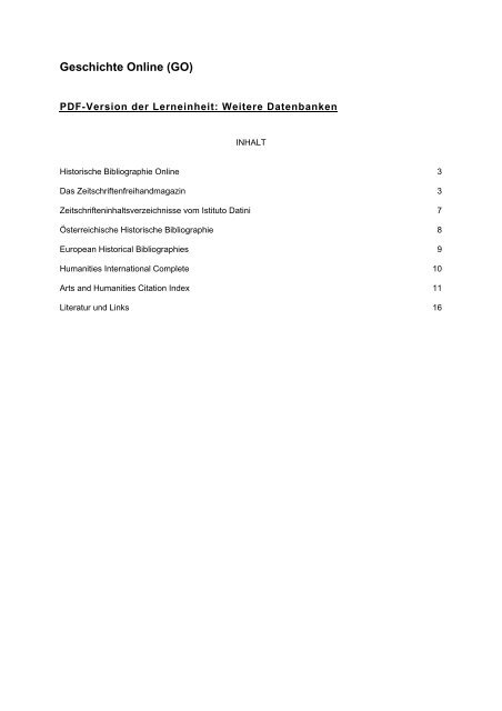 "Weitere Datenbanken" als PDF - bei Geschichte Online