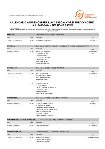 calendario ammissioni per l'accesso ai corsi preaccademici aa 2013 ...