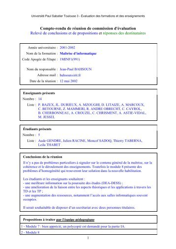 Compte-rendu de rÃ©union de commission d'Ã©valuation ... - SUP