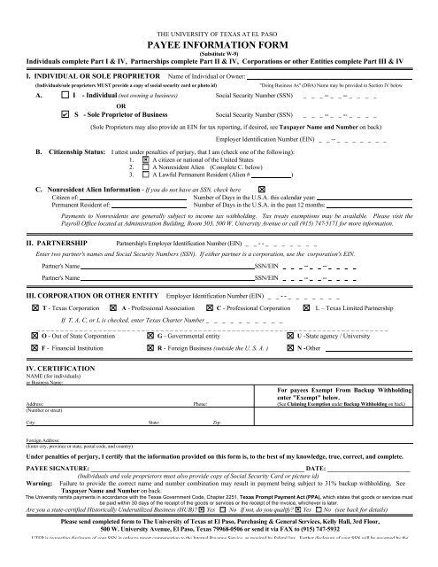 PAYEE INFORMATION FORM - University of Texas at El Paso