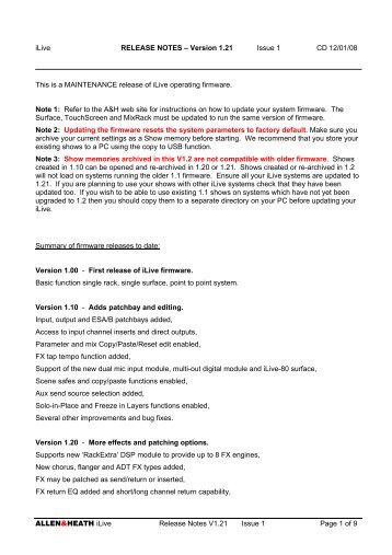 ALLEN&HEATH iLive Release Notes V1.21 Issue 1 Page 1 of 9 ...