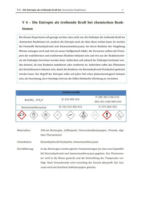 V 4 – Die Entropie als treibende Kraft bei chemischen Reak- tionen