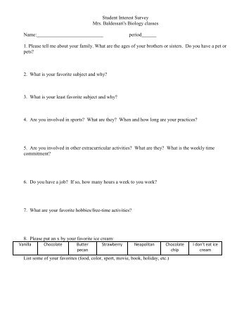 Student Interest Survey Mrs. Baldessari's Biology classes Name ...