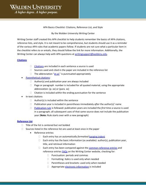 APA Basics Checklist: Citations, Reference List, and Style By the 
