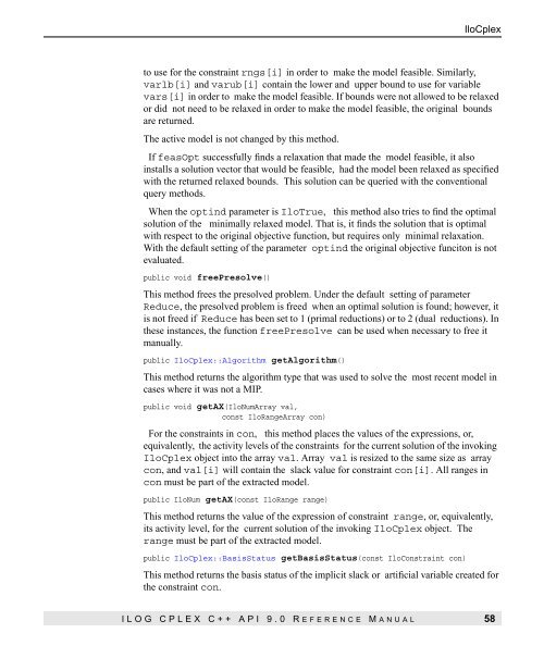 ILOG CPLEX C++ API 9.0 Reference Manual
