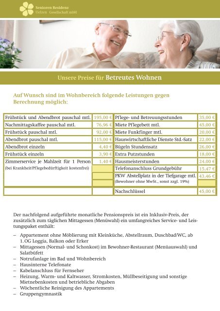 Wie Hoch Sind Die Kosten Für Betreutes Wohnen Unsere Preise für Betreutes Wohnen - Seniorenresidenz-Uelzen
