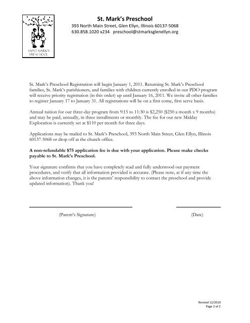 St. Mark's Preschool 2011-2012 Preschool Application Form