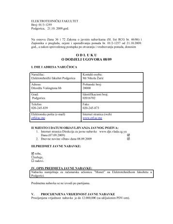 O D L U K U  O DODJELI UGOVORA 08/09 - ETF Podgorica