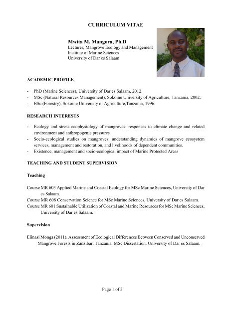 Curriculum Vitae Institute Of Marine Sciences University Of Dar Es