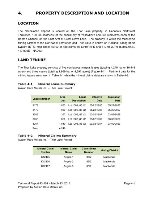 technical report on the nechalacho deposit, thor lake project ...