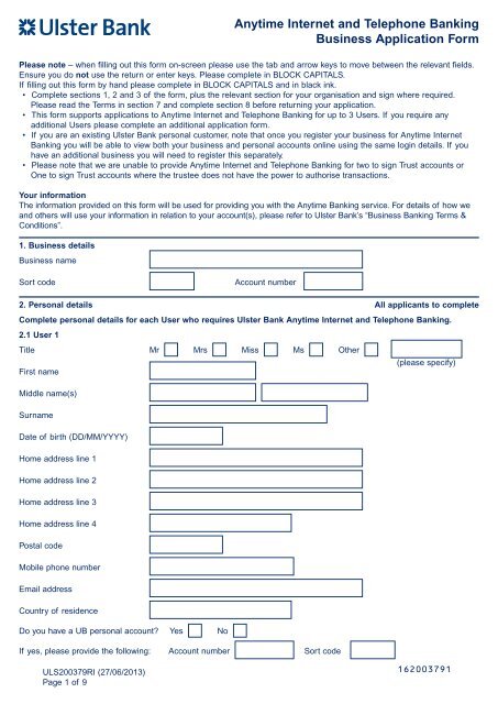 Anytime Internet and Telephone Banking Business ... - Ulster Bank