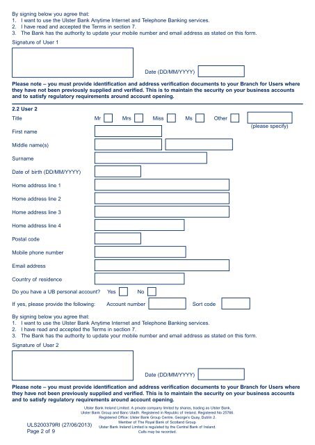 Anytime Internet and Telephone Banking Business ... - Ulster Bank