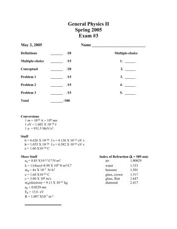 General Physics II Spring 2005 Exam #3