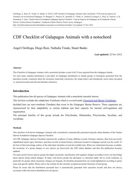 CDF Checklist of Galapagos Animals with a notochord CDF Checklist of Galapagos Animals with a notochord