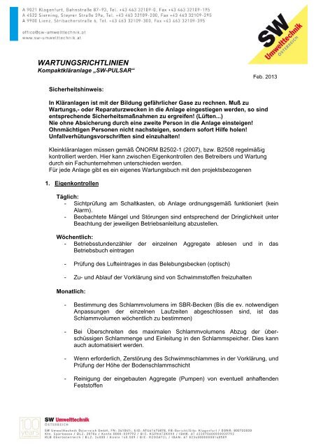 WARTUNGSRICHTLINIEN - SW Umwelttechnik Ãsterreich