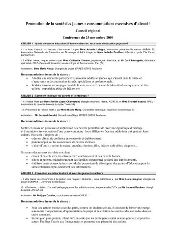 Recommandations issues du travail en ateliers