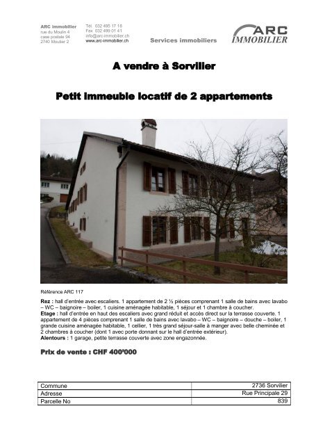 A vendre Ã  Sorvilier Petit immeuble locatif de 2 ... - Immo Jura