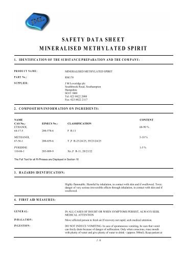 safety data sheet mineralised methylated spirit - J.M.Loveridge plc