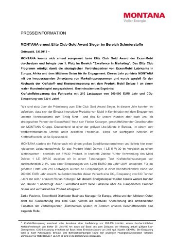 MONTANA erneut Elite Club Award Sieger im Bereich Schmierstoffe