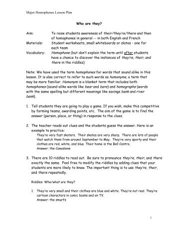 Major Homophones Lesson Plan 1 Who are they? Aim: Materials ...
