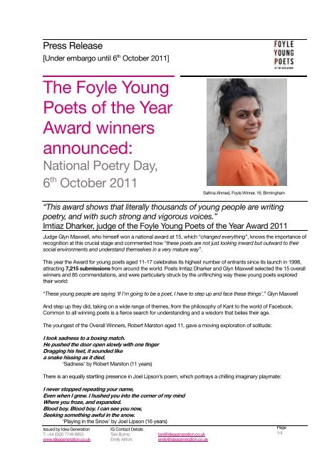 The Foyle Young Poets of the Year Award winners announced: