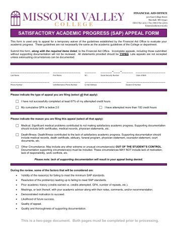 SATISFACTORY ACADEMIC PROGRESS (SAP) APPEAL FORM